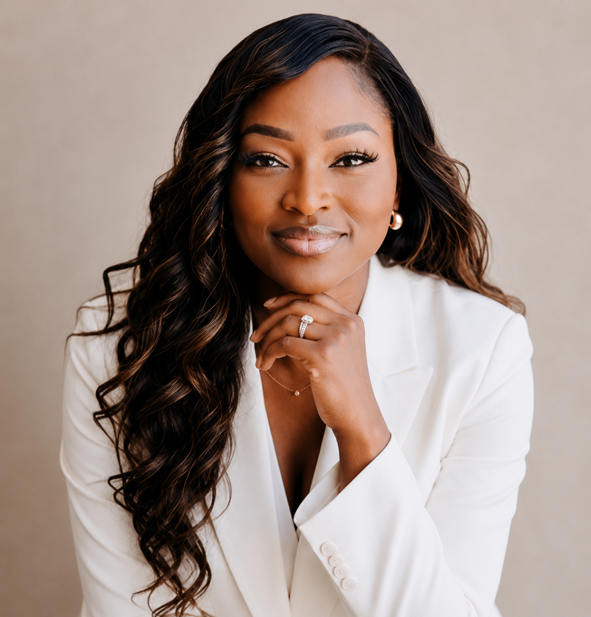 Ejiro Obayomi in a white suit, smiling toward the camera